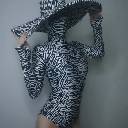 Zebra Stripe Cutout Bodysuit & Statement Big Hat 2-Piece Stage Dance Costume Set