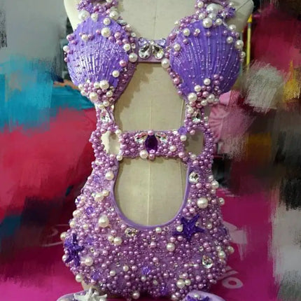 Purple Pearl Shell Crystal Bodysuit & Sheer Skirt 3-Piece Ocean Stage Costume Set