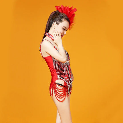 The Stardust Crimson Cabaret Bodysuit – Luxury Red Rhinestone & Chain Showgirl Costume