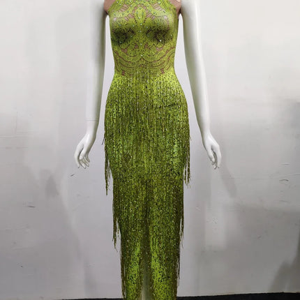 Sparkly Lime Green Rhinestone & Tassel Fringe Bodycon Dress Stage Performance Costume