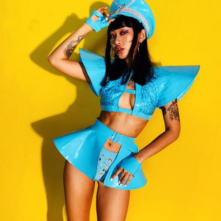 Sky Blue Armor Crop Top, Flared Skirt, Hat & Wrist Cuffs 4-Piece Stage Costume Set