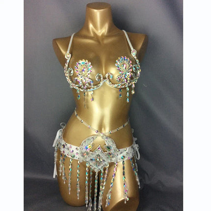 Sparkly Samba Carnival Rainbow Stone Wire Bra & Belt Two-Piece Costume Set