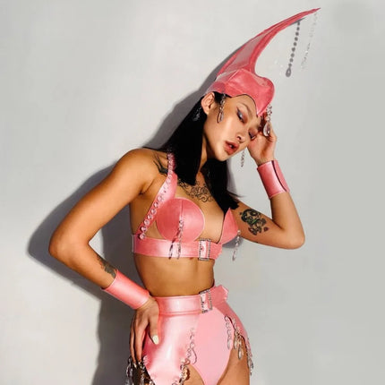 Crystal & PU Leather Roleplay Dance Costume Set