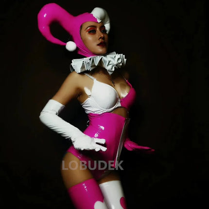 Pink Faux Leather Bikini, Furry Horns & Thigh-High Leg Covers 4-Piece Cosplay Stage Costume Set