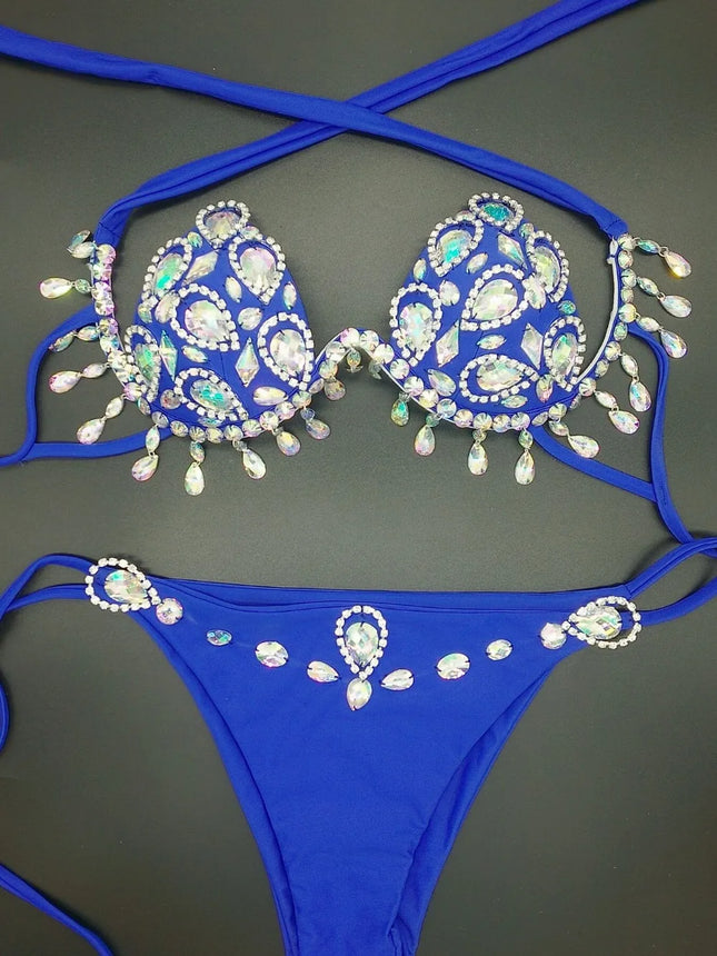 Sparkling Rhinestone Tassel Costume Bikini Set – Shimmering Crystal Fringe Bra & Belt Set for GoGo Dancers, Raves & Stage Performances