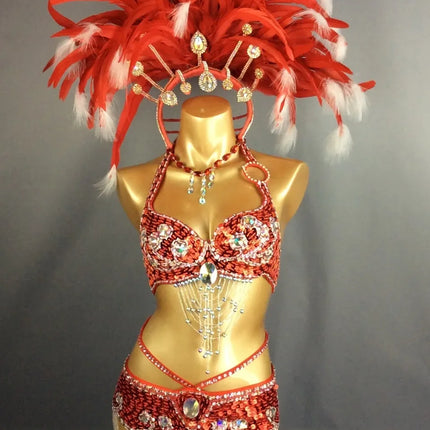 Samba Queen Rio Carnival Costume Set with Feather Headdress & Accessories
