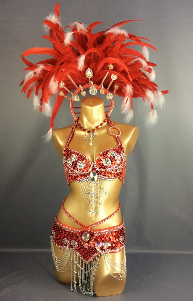 Samba Queen Rio Carnival Costume Set with Feather Headdress & Accessories