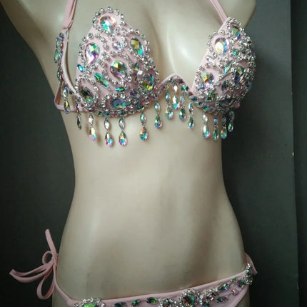Sparkling Rhinestone Tassel Costume Bikini Set – Shimmering Crystal Fringe Bra & Belt Set for GoGo Dancers, Raves & Stage Performances