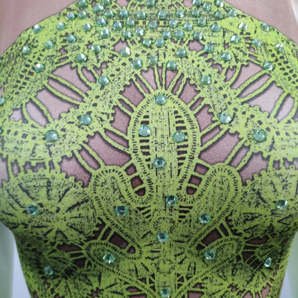 Sparkly Lime Green Rhinestone & Tassel Fringe Bodycon Dress Stage Performance Costume