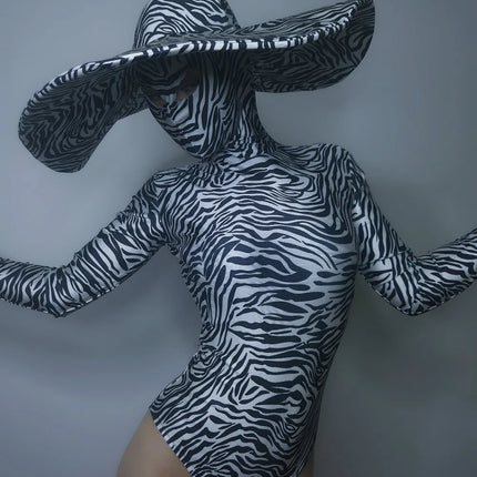Zebra Stripe Cutout Bodysuit & Statement Big Hat 2-Piece Stage Dance Costume Set