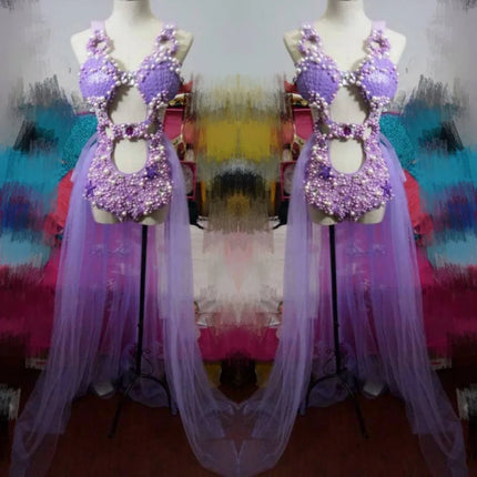 Purple Pearl Shell Crystal Bodysuit & Sheer Skirt 3-Piece Ocean Stage Costume Set