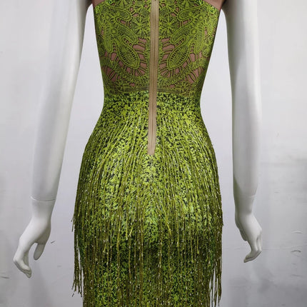 Sparkly Lime Green Rhinestone & Tassel Fringe Bodycon Dress Stage Performance Costume