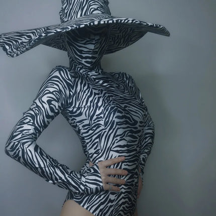 Zebra Stripe Cutout Bodysuit & Statement Big Hat 2-Piece Stage Dance Costume Set
