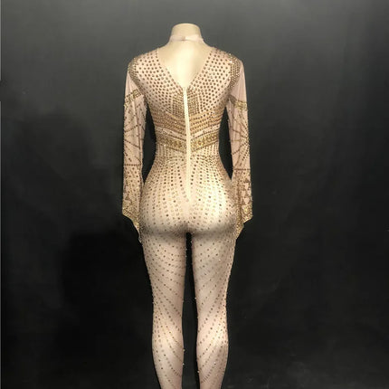 Gold Crystal Illusion Jumpsuit Long Sleeve Rhinestone Catsuit Stage Performance Wear