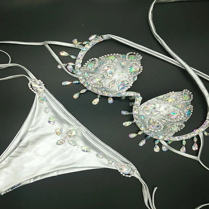 Sparkling Rhinestone Tassel Costume Bikini Set – Shimmering Crystal Fringe Bra & Belt Set for GoGo Dancers, Raves & Stage Performances
