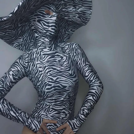 Zebra Stripe Cutout Bodysuit & Statement Big Hat 2-Piece Stage Dance Costume Set