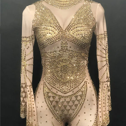 Gold Crystal Illusion Jumpsuit Long Sleeve Rhinestone Catsuit Stage Performance Wear