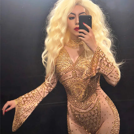 Gold Crystal Illusion Jumpsuit Long Sleeve Rhinestone Catsuit Stage Performance Wear