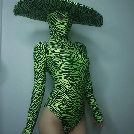 Zebra Stripe Cutout Bodysuit & Statement Big Hat 2-Piece Stage Dance Costume Set