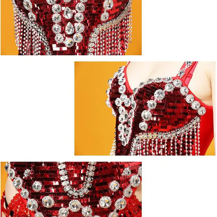 The Stardust Crimson Cabaret Bodysuit – Luxury Red Rhinestone & Chain Showgirl Costume