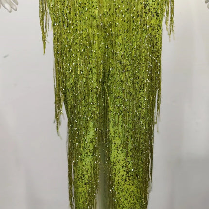Sparkly Lime Green Rhinestone & Tassel Fringe Bodycon Dress Stage Performance Costume
