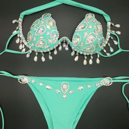 Sparkling Rhinestone Tassel Costume Bikini Set – Shimmering Crystal Fringe Bra & Belt Set for GoGo Dancers, Raves & Stage Performances