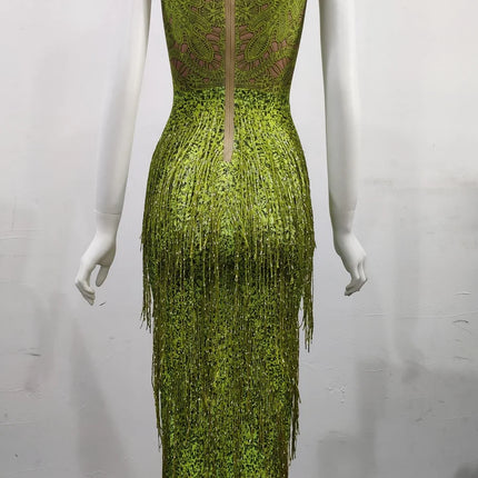 Sparkly Lime Green Rhinestone & Tassel Fringe Bodycon Dress Stage Performance Costume