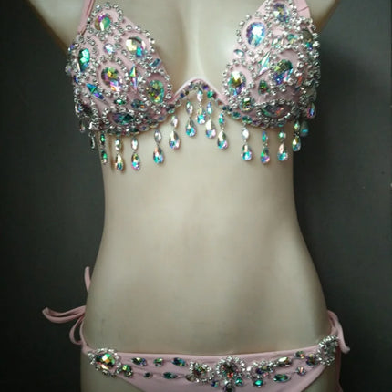 Sparkling Rhinestone Tassel Costume Bikini Set – Shimmering Crystal Fringe Bra & Belt Set for GoGo Dancers, Raves & Stage Performances
