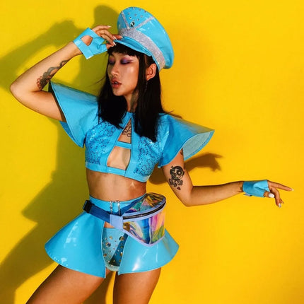 Sky Blue Armor Crop Top, Flared Skirt, Hat & Wrist Cuffs 4-Piece Stage Costume Set