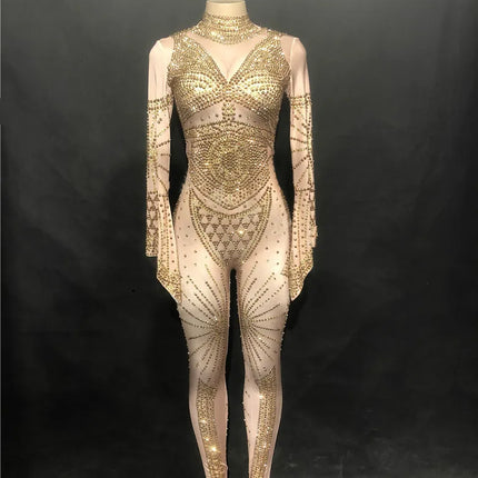 Gold Crystal Illusion Jumpsuit Long Sleeve Rhinestone Catsuit Stage Performance Wear