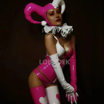 Pink Faux Leather Bikini, Furry Horns & Thigh-High Leg Covers 4-Piece Cosplay Stage Costume Set