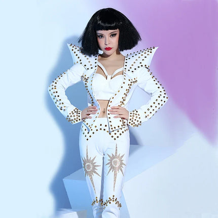 White Studded Punk Rivet Crop Jacket & Pants 2-Piece Singer Stage Costume Set