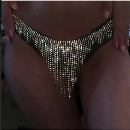 Geometric Rhinestone Tassel Thong Body Chain – Luxury Crystal Lingerie & Shimmering Waist Harness for Raves, Festivals & Beachwear