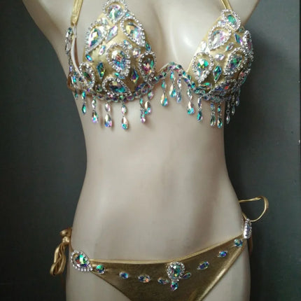 Sparkling Rhinestone Tassel Costume Bikini Set – Shimmering Crystal Fringe Bra & Belt Set for GoGo Dancers, Raves & Stage Performances