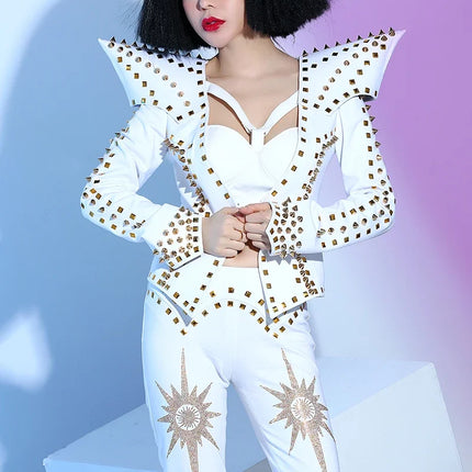 White Studded Punk Rivet Crop Jacket & Pants 2-Piece Singer Stage Costume Set