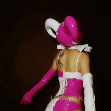 Pink Faux Leather Bikini, Furry Horns & Thigh-High Leg Covers 4-Piece Cosplay Stage Costume Set