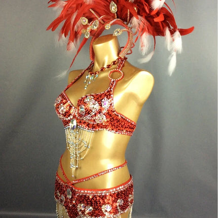 Samba Queen Rio Carnival Costume Set with Feather Headdress & Accessories