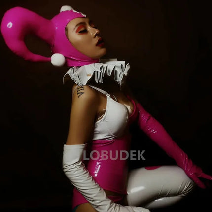 Pink Faux Leather Bikini, Furry Horns & Thigh-High Leg Covers 4-Piece Cosplay Stage Costume Set