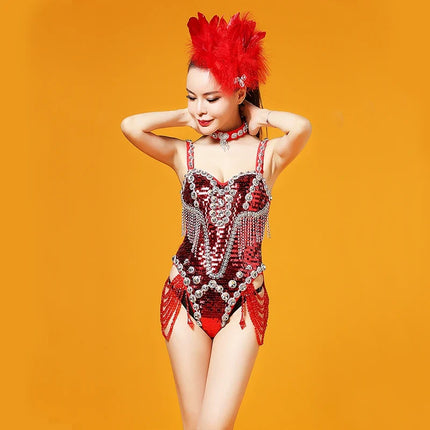 The Stardust Crimson Cabaret Bodysuit – Luxury Red Rhinestone & Chain Showgirl Costume