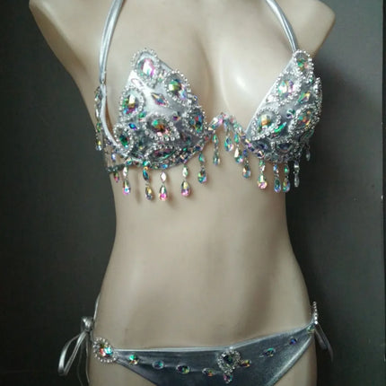 Sparkling Rhinestone Tassel Costume Bikini Set – Shimmering Crystal Fringe Bra & Belt Set for GoGo Dancers, Raves & Stage Performances