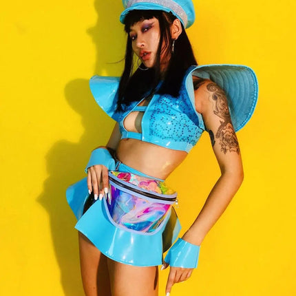 Sky Blue Armor Crop Top, Flared Skirt, Hat & Wrist Cuffs 4-Piece Stage Costume Set