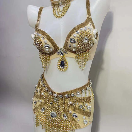 Sparkly Rhinestone Beading Tassel Bikini Sexy Nightclub Stage Wear Fringe Bra High Waist Short DJ Rave Outfit Nightclub Costume