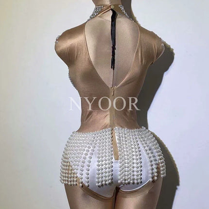 Sparkly Pearl Rhinestone Fringe Bodysuit Sleeveless Nude Stage Dance Leotard