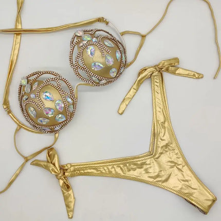 The Venus Vacation Hollow-Out Bikini – Diamond Lattice Showgirl Swim Set