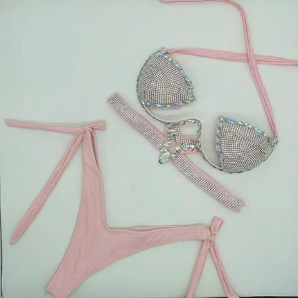 The Stardust Geometric Cross-Strap Bikini – Crystal Lattice Showgirl Set