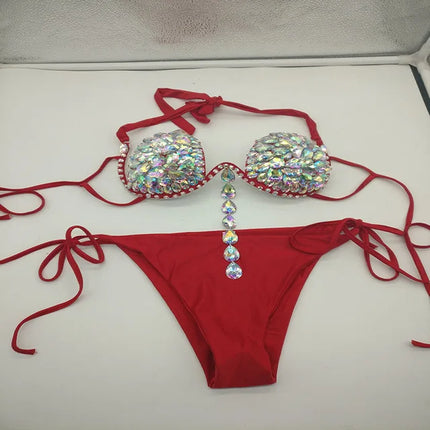 Geometric Bandage Tassel Bikini Set – Shimmering Rhinestone Fringe Swimsuit & Crystal Waist Accent Bathing Suit for Beach Clubs