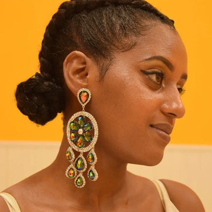 Sparkly 5.1" Glass Crystal Tassel Drop Earrings Drag Queen Stage Jewelry