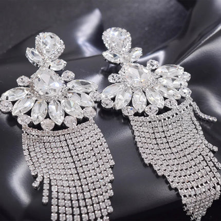 Sparkly Glass Crystal AB Tassel Drop Earrings Stage Performance Jewelry