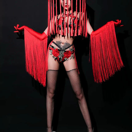 Red Rose Floral Fringe Bikini & Matching Fringe Gloves Stage Performance Costume Set