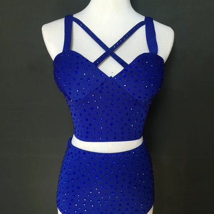 Sparkly Rhinestone Crop Top & High-Waisted Shorts Two-Piece Dance Costume Set